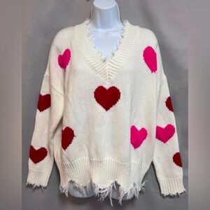 Red And White Hearts Oversized Cozy Sweater V Neck Pullover By Main Strip‎ Large